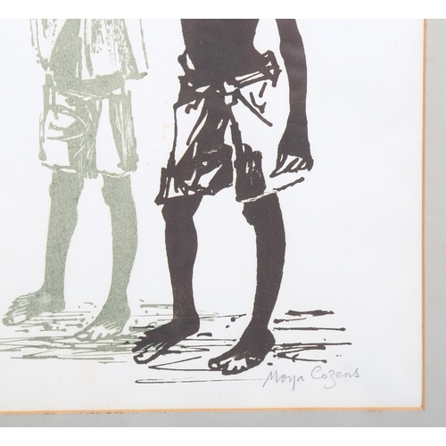 630 - Moya Cozens, 2 African boys, colour woodcut print, signed in pencil, 36cm x 26cm, framed
