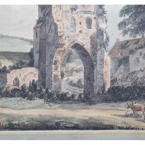 632 - G L Edridge, artist sketching old church ruins, signed and dated 1785, 20cm x 28cm, framed