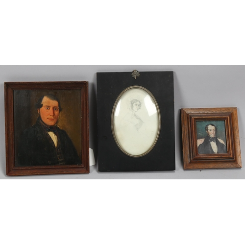 634 - 3 x 19th century miniature portraits, 2 in oils, the other in pencil, all unsigned (3)