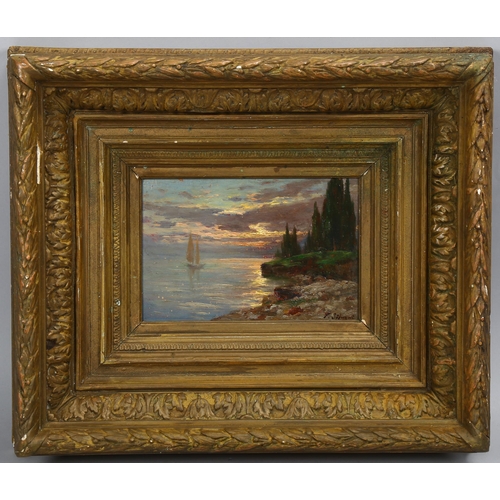 635 - Late 19th/early 20th century oil on wood panel, sunset coastal view, indistinctly signed, 14cm x 20c... 