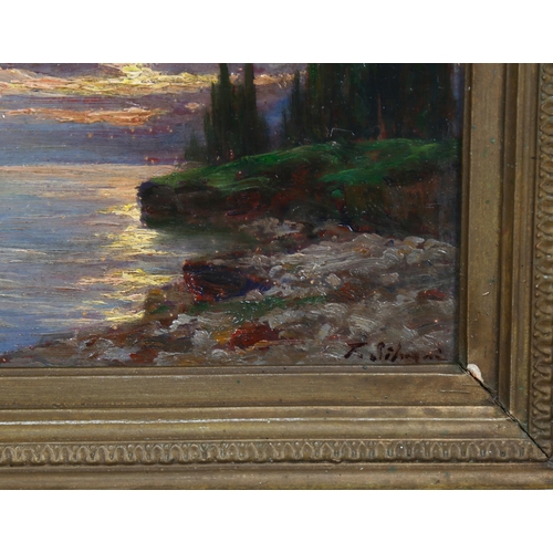 635 - Late 19th/early 20th century oil on wood panel, sunset coastal view, indistinctly signed, 14cm x 20c... 