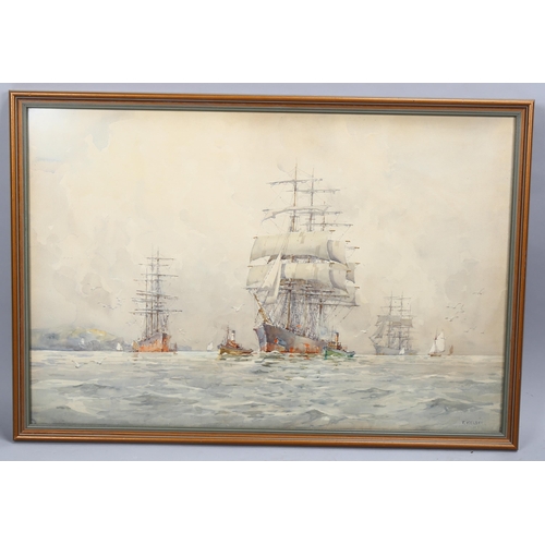 638 - Frank Kelsey (1864 - 1932), steam tugs towing sailing ship in to Falmouth harbour, watercolour, sign... 