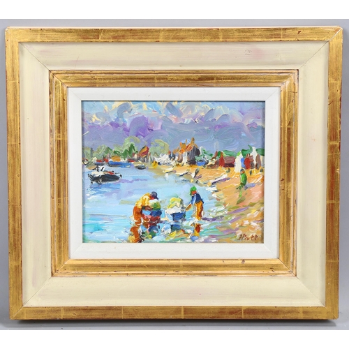 642 - WITHDRAWN - Jeffrey Pratt (born 1940), beach scene, oil on canvas, signed, 20cm x 26cm, framed