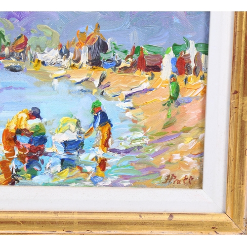642 - WITHDRAWN - Jeffrey Pratt (born 1940), beach scene, oil on canvas, signed, 20cm x 26cm, framed