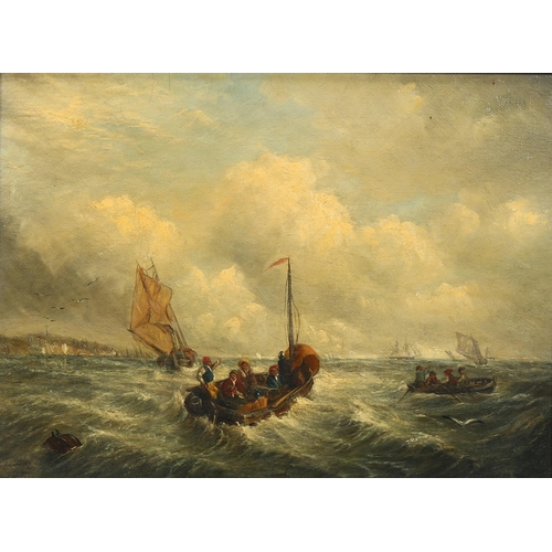 644 - 19th century English school, oil on canvas, boats on rough seas, unsigned, 31cm x 41cm, framed