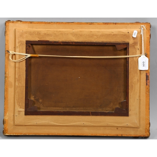 644 - 19th century English school, oil on canvas, boats on rough seas, unsigned, 31cm x 41cm, framed