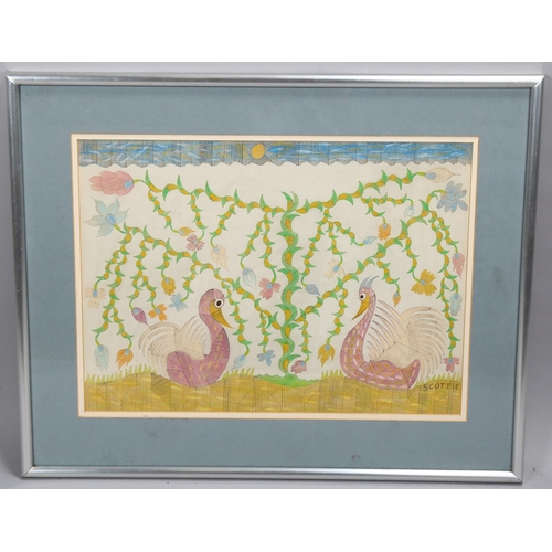 645 - Scottie Wilson (1888 - 1972), surrealist composition, watercolour, signed, 34cm x 47cm, framed