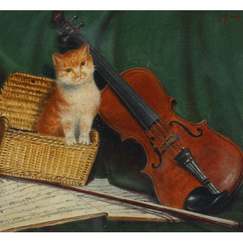 647 - 19th/20th century oil on board, cat and violin, indistinctly signed, 28cm x 29cm, framed and glazed