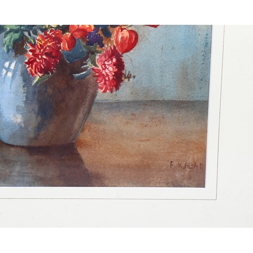 651 - F K Abar, floral still life, watercolour, signed, 50cm x 35cm, framed