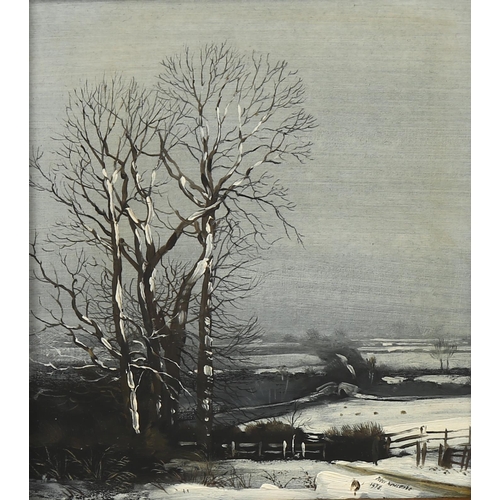653 - Peter Newcombe, winter landscape, oil on panel, signed and dated 1978, 16cm x 13cm, framed