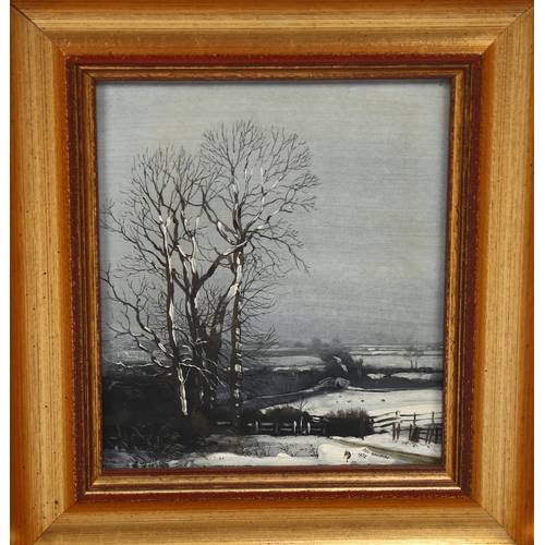 653 - Peter Newcombe, winter landscape, oil on panel, signed and dated 1978, 16cm x 13cm, framed