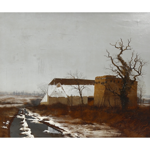 658 - Peter Newcombe, melting snow, oil on canvas, signed and dated 1977, 63cm x 76cm, framed