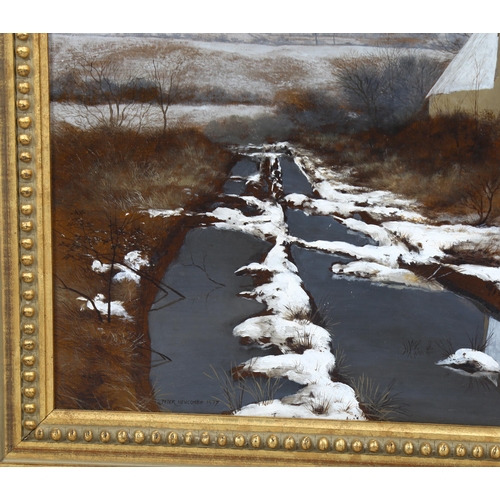 658 - Peter Newcombe, melting snow, oil on canvas, signed and dated 1977, 63cm x 76cm, framed