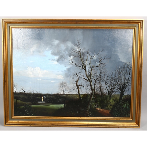 659 - Peter Newcombe, storm over Leck Hampstead Buckinghamshire, oil on canvas, signed and dated 1974, 76c... 