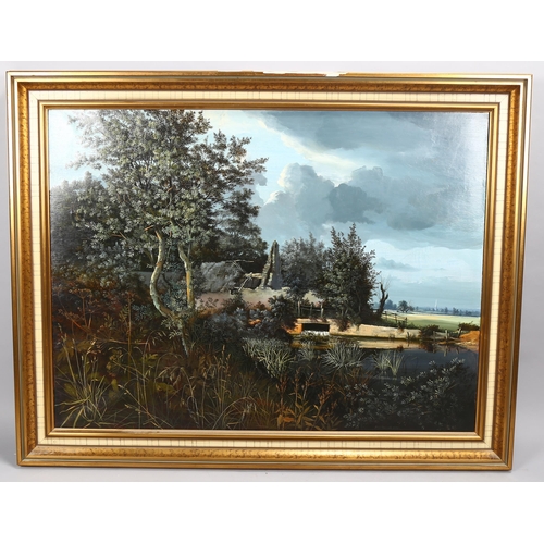 660 - Peter Newcombe, the old mill pond, oil on canvas, signed and dated 1973, 76cm x 101cm, framed