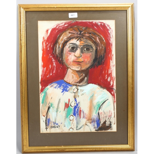 661 - Manner of Joan Eardley, portrait of a girl, bears signature, 50cm x 34cm, framed