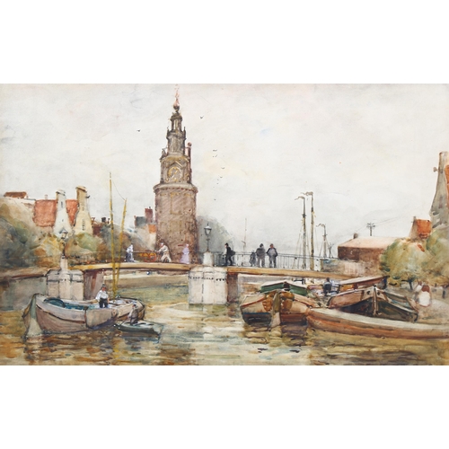 664 - Early 20th century watercolour, Dutch river scene, indistinctly signed, 33cm x 51cm, framed