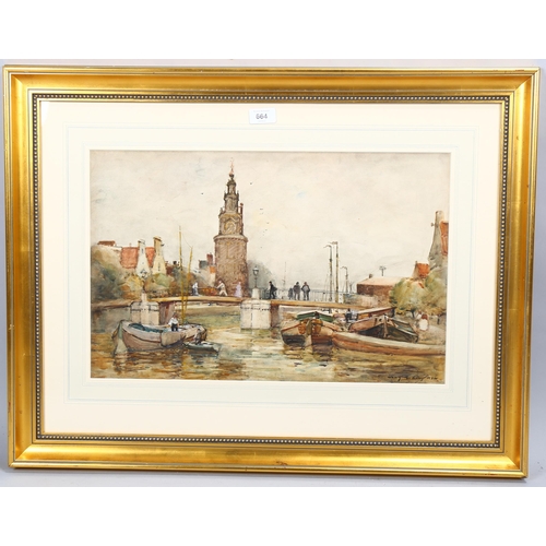 664 - Early 20th century watercolour, Dutch river scene, indistinctly signed, 33cm x 51cm, framed