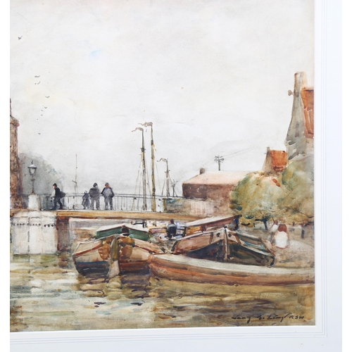 664 - Early 20th century watercolour, Dutch river scene, indistinctly signed, 33cm x 51cm, framed