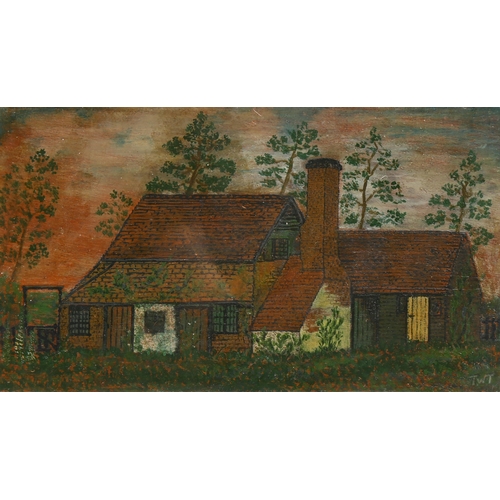 671 - Oil on board, naive cottage scene, signed with monogram TWT, image 17cm x 30cm, framed