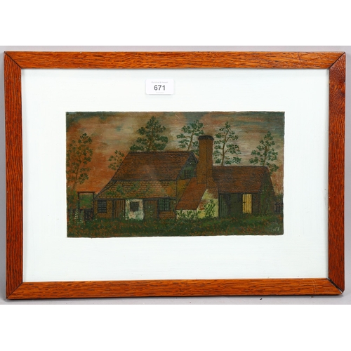 671 - Oil on board, naive cottage scene, signed with monogram TWT, image 17cm x 30cm, framed