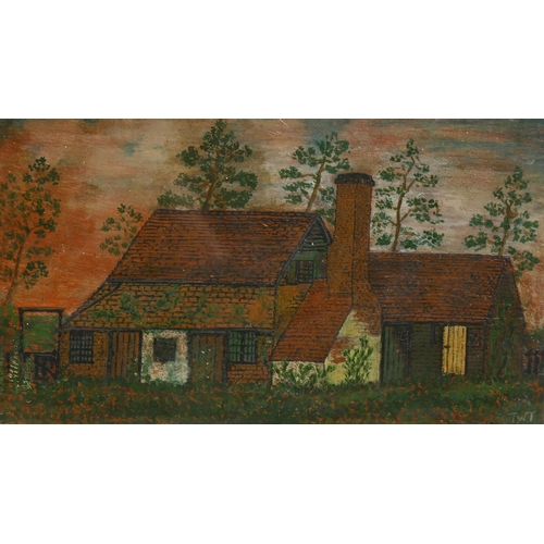 671 - Oil on board, naive cottage scene, signed with monogram TWT, image 17cm x 30cm, framed