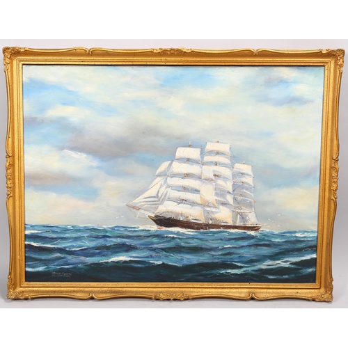 672 - Henry Scott (1911 - 2005), 3-masted sailing ship at sea, oil on canvas, signed, 56cm x 76cm, framed