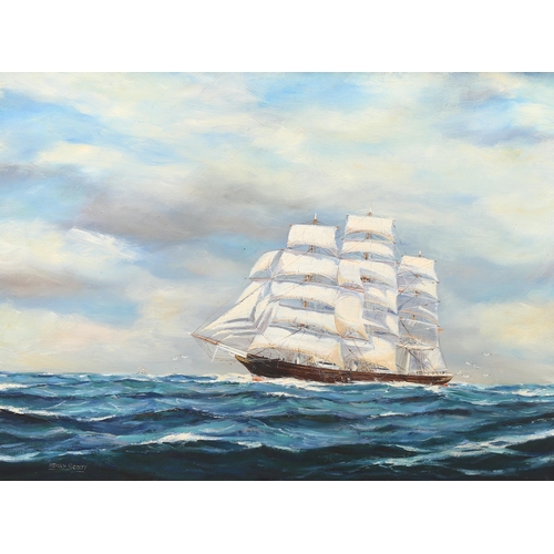 672 - Henry Scott (1911 - 2005), 3-masted sailing ship at sea, oil on canvas, signed, 56cm x 76cm, framed