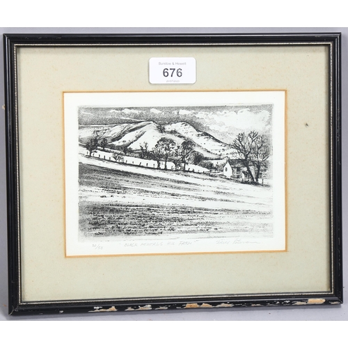 676 - Paterson?, Black Mountains hill farm, etching, indistinctly signed in pencil, no. 20/50, plate 11cm ... 