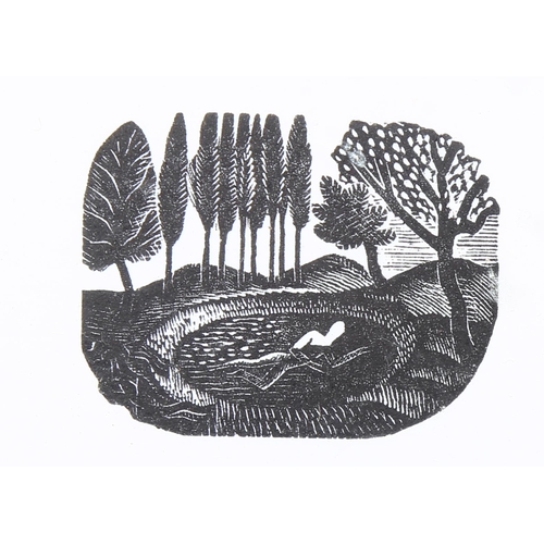 677 - Eric Ravilious, swimmer, miniature wood engraving, image 3.5cm x 4.5cm, framed