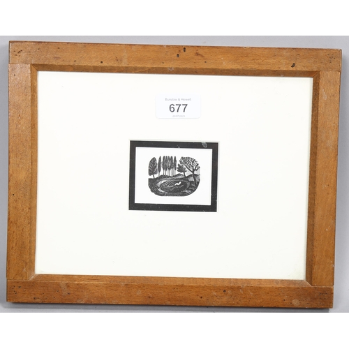 677 - Eric Ravilious, swimmer, miniature wood engraving, image 3.5cm x 4.5cm, framed