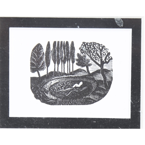 677 - Eric Ravilious, swimmer, miniature wood engraving, image 3.5cm x 4.5cm, framed