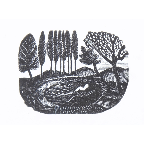 677 - Eric Ravilious, swimmer, miniature wood engraving, image 3.5cm x 4.5cm, framed