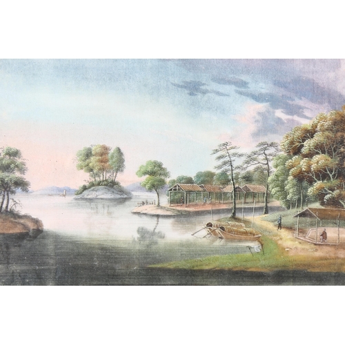 678 - 19th century watercolour, Colonial lake scene, unsigned, 13cm x 20cm, framed