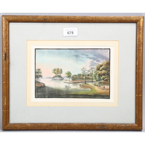 678 - 19th century watercolour, Colonial lake scene, unsigned, 13cm x 20cm, framed