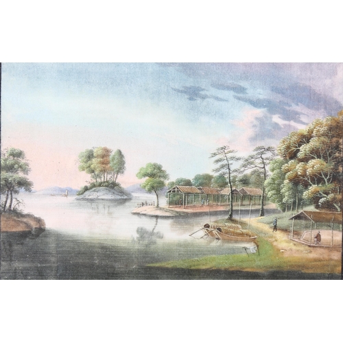 678 - 19th century watercolour, Colonial lake scene, unsigned, 13cm x 20cm, framed