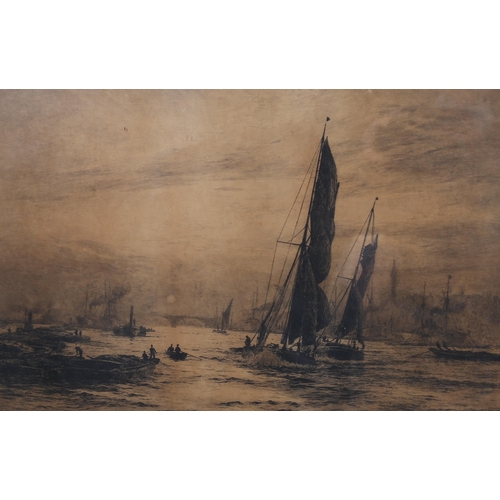 681 - William Lionel Wyllie, busy shipping scene, etching, signed in pencil, image 31cm x 45cm, framed