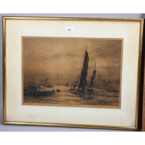 681 - William Lionel Wyllie, busy shipping scene, etching, signed in pencil, image 31cm x 45cm, framed