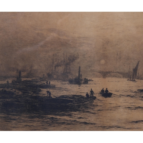 681 - William Lionel Wyllie, busy shipping scene, etching, signed in pencil, image 31cm x 45cm, framed