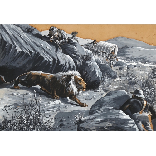 688 - Edgar Holloway (1870 - 1941), Boer War big game lion hunt, gouache on artist's board, signed and dat... 