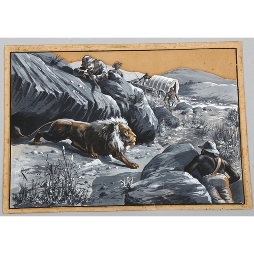 688 - Edgar Holloway (1870 - 1941), Boer War big game lion hunt, gouache on artist's board, signed and dat... 