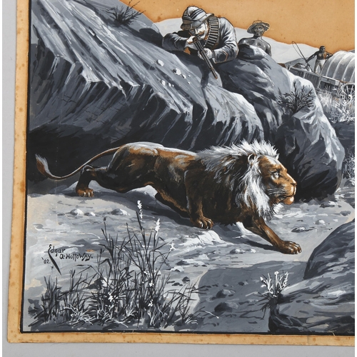 688 - Edgar Holloway (1870 - 1941), Boer War big game lion hunt, gouache on artist's board, signed and dat... 