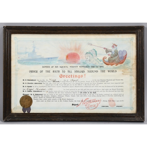 689 - Order Of The Bath, certificate awarded to Edgar Marshall on HMS Hood 13th August 1922, 23cm x 37cm, ... 