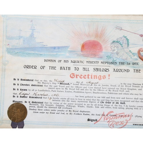 689 - Order Of The Bath, certificate awarded to Edgar Marshall on HMS Hood 13th August 1922, 23cm x 37cm, ... 