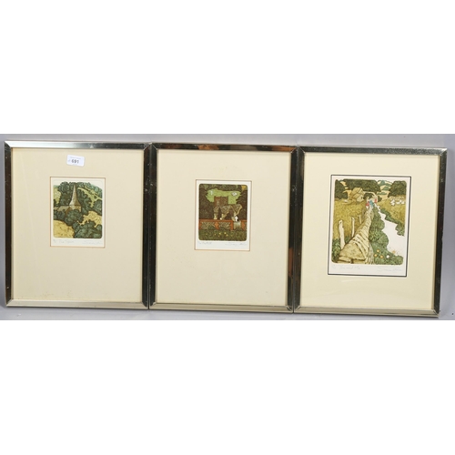 691 - Simon Palmer, 3 limited edition coloured etchings, all signed and numbered in pencil, plate 12cm x 1... 