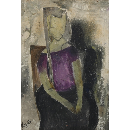 694 - Marjorie Hawke, abstract seated figure, oil on canvas, signed with original artist's label verso, 36... 