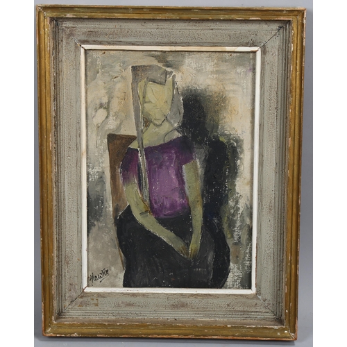 694 - Marjorie Hawke, abstract seated figure, oil on canvas, signed with original artist's label verso, 36... 