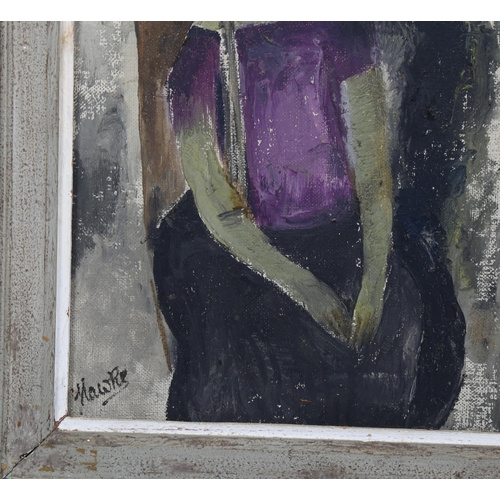 694 - Marjorie Hawke, abstract seated figure, oil on canvas, signed with original artist's label verso, 36... 