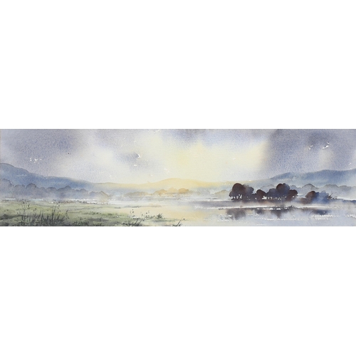 695 - Brien Howard, pair of panoramic Scottish landscapes, watercolour, signed, 13cm x 51cm, framed