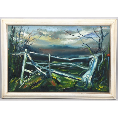 696 - Mid-20th century abstract landscape, oil on board, unsigned, 39cm x 60cm, framed